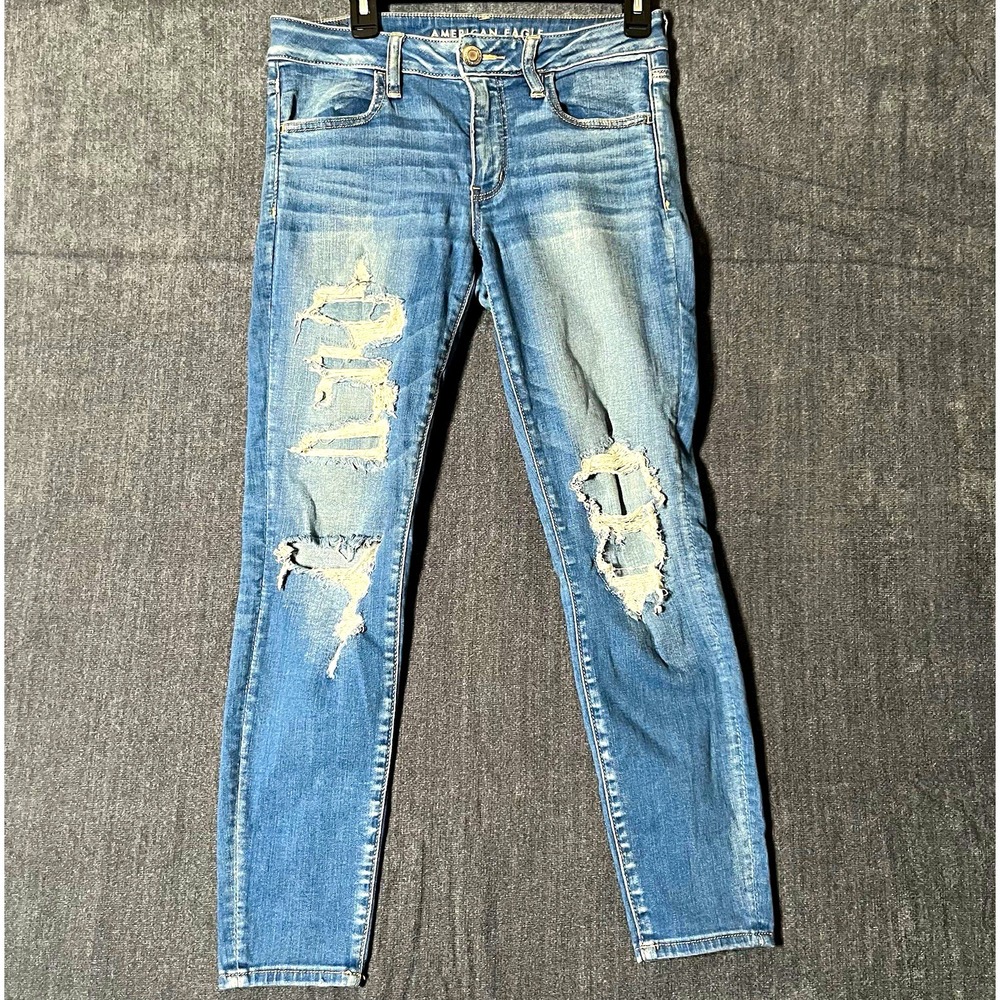 American Eagle Next Level Stretch Jegging Womens 8 Blue Distressed Mid Rise